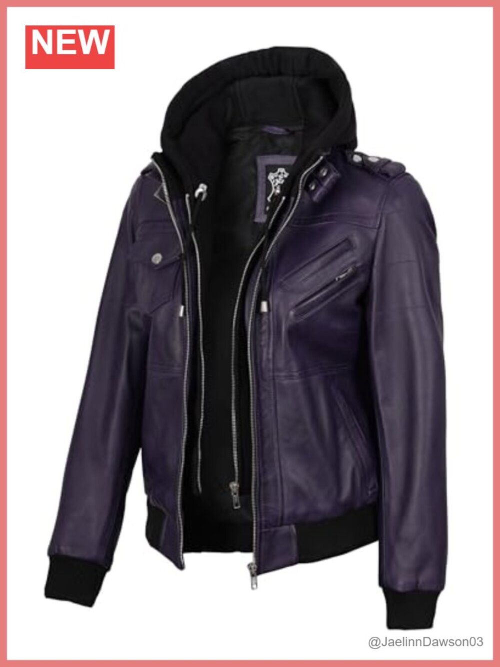 Real Lambskin Leather Bomber Jacket Women Detachable Hood Ribbed Cuffs